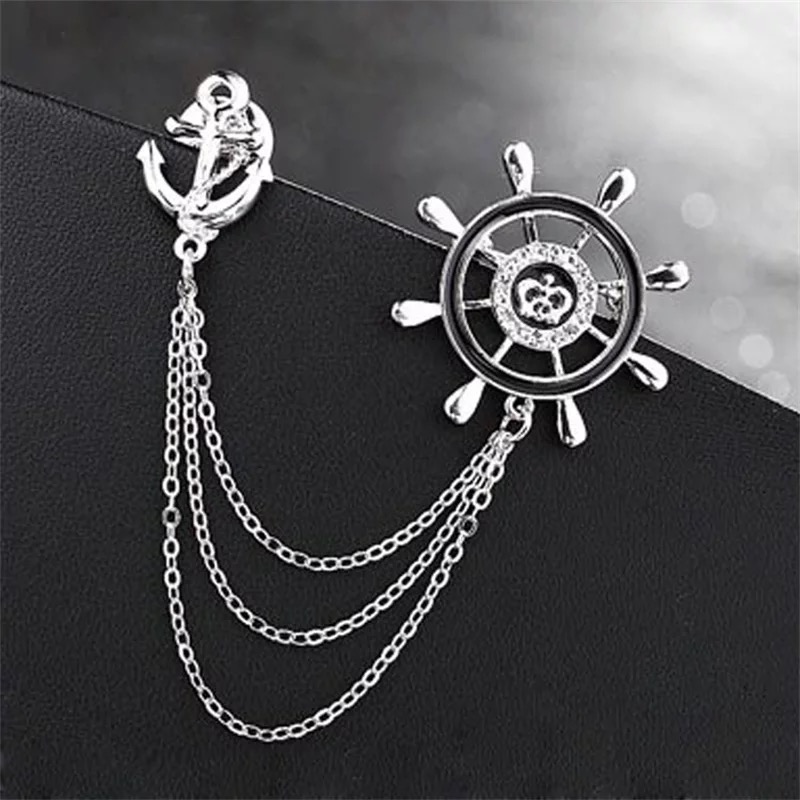 Men Collar Lapel Pin Silver Anchor Crown Brooches For Man Silver