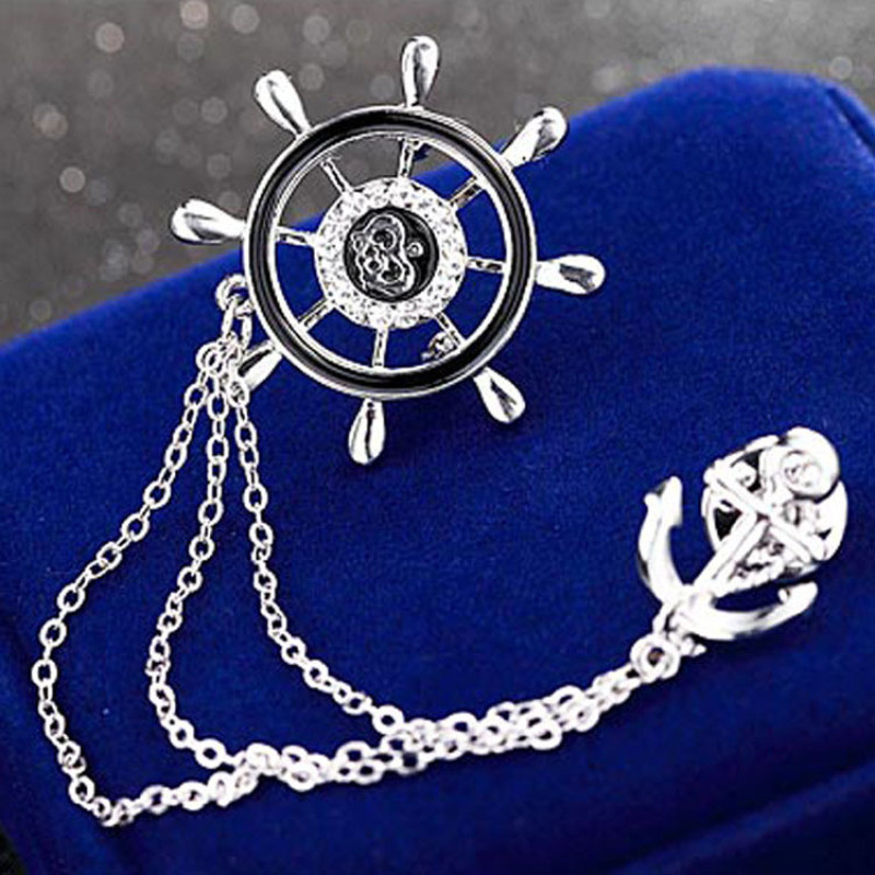 Men Collar Lapel Pin Silver Anchor Crown Brooches For Man Silver