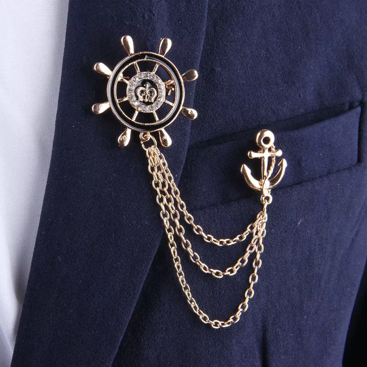 Men Collar Lapel Pin Gold Anchor Crown Brooches For Man Gold