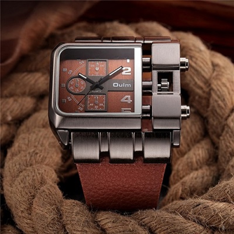 OULM Brand Original Unique Design Square Men Wristwatch brown