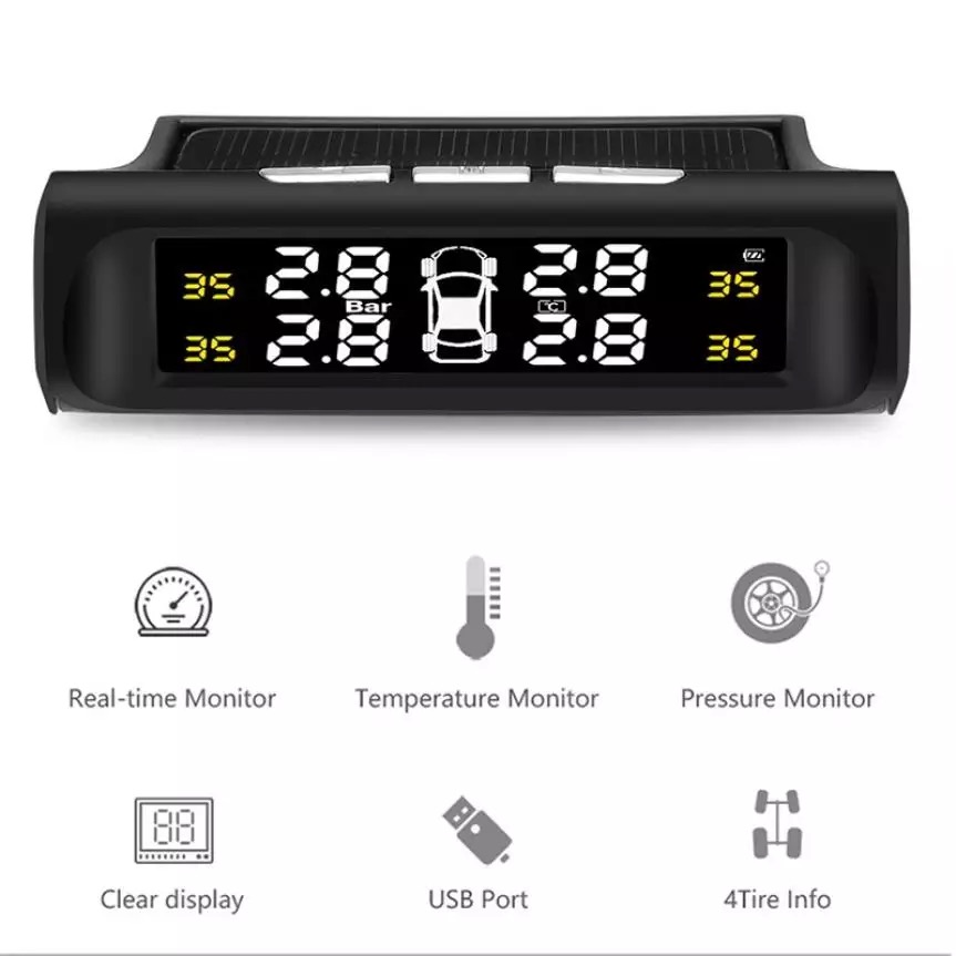 TPMS Tire Pressure Monitor System Alarm 4 External Sensor Temperature Gauge Meter Car Solar Power