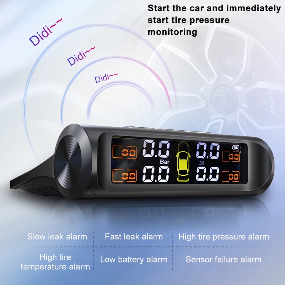 TPMS Tire Pressure Monitor System Alarm 4 External Sensor Temperature Gauge Meter Car Solar Power