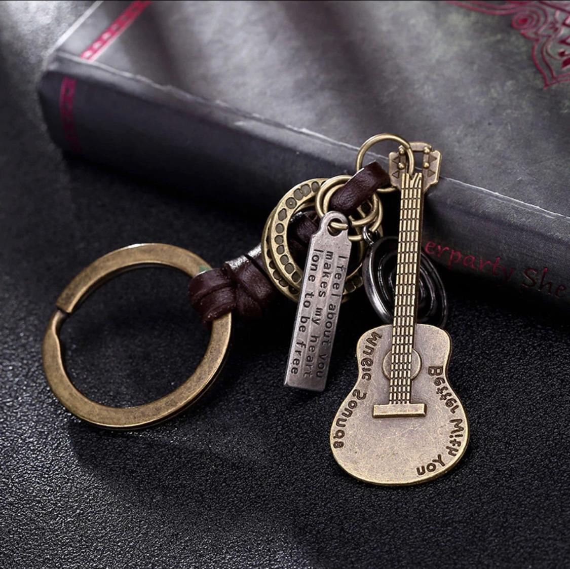 Leather Keychain Keyring Guitar Pendant 