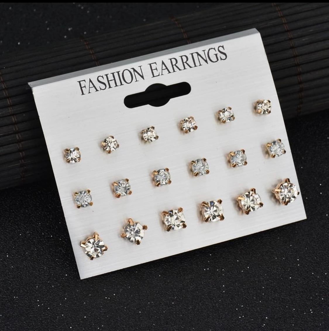 Pack Of 9 Pairs Mix Design Square Rhinestone Stud Earrings For Women In