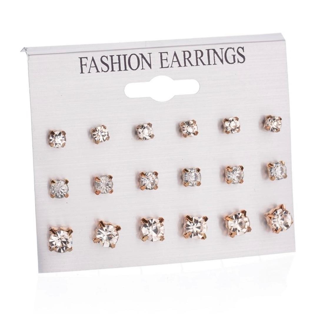 Pack of 9 Pairs Mix Design Square Rhinestone Stud Earrings For Women 