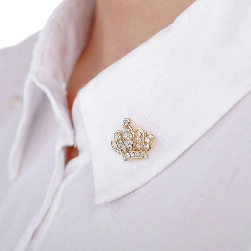 Crystal Crown Brooches Pins For Men Shirt Collar Broches