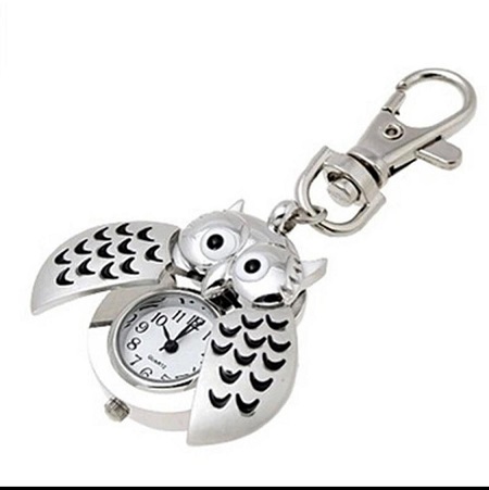 Splendid Luxury Mini Metal Key Ring owl double open Quartz Watch Clock- Silver