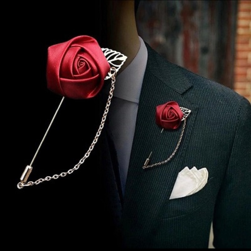1 pc Fashion Male Suits Gold Leaves Roses Brooche Long Needle With Chain 