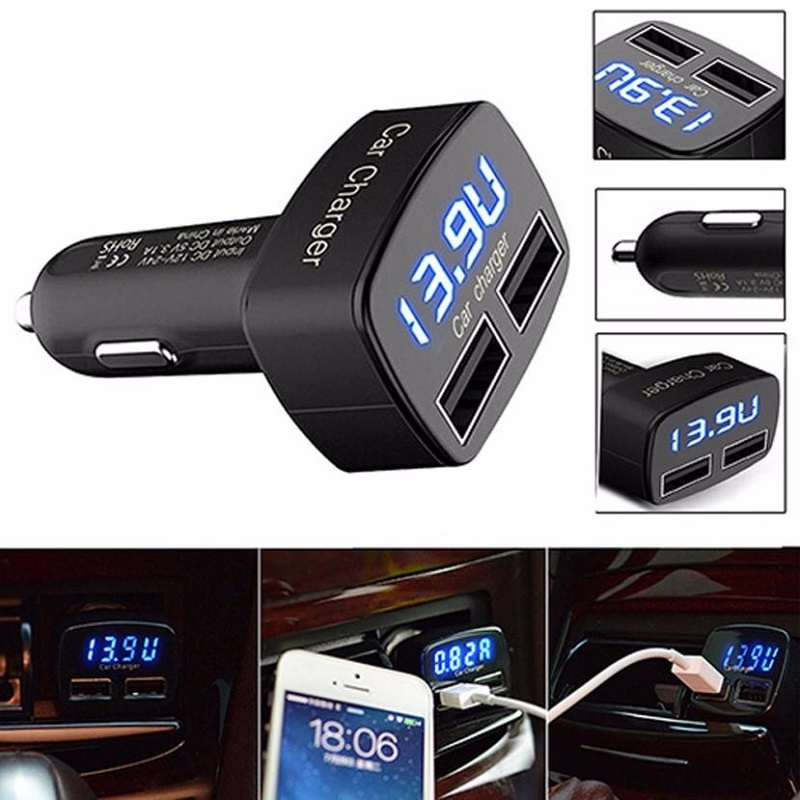 Car USB Socket 4 In 1 Dual USB Car Charger Adapter Voltage Tester