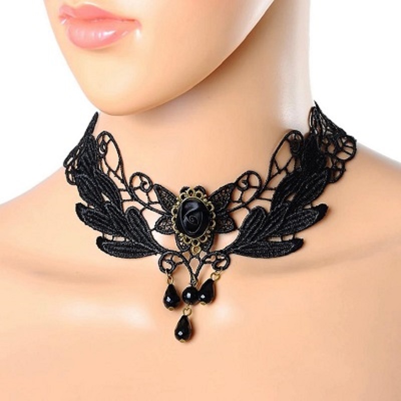 1 PC Nice Women's Style Black Fabric Rose Flower Beads Pendant Choker Lace Necklace