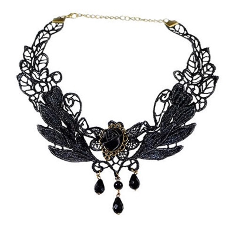 1 PC Nice Women's Style Black Fabric Rose Flower Beads Pendant Choker Lace Necklace