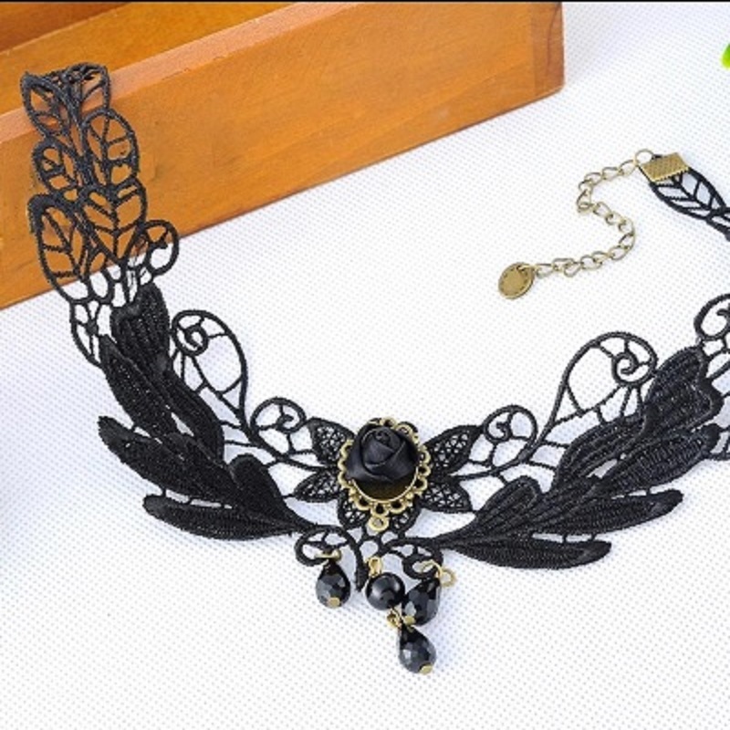 1 PC Nice Women's Style Black Fabric Rose Flower Beads Pendant Choker Lace Necklace