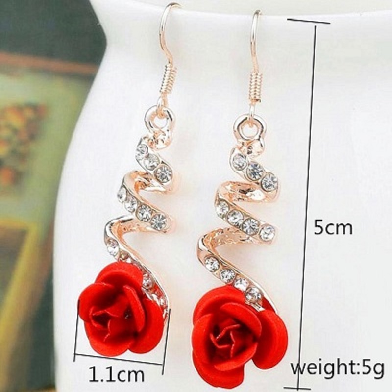 Vintage Red Rose Drop Earrings For Women Dangle Earrings With Crystal Rhinestone 