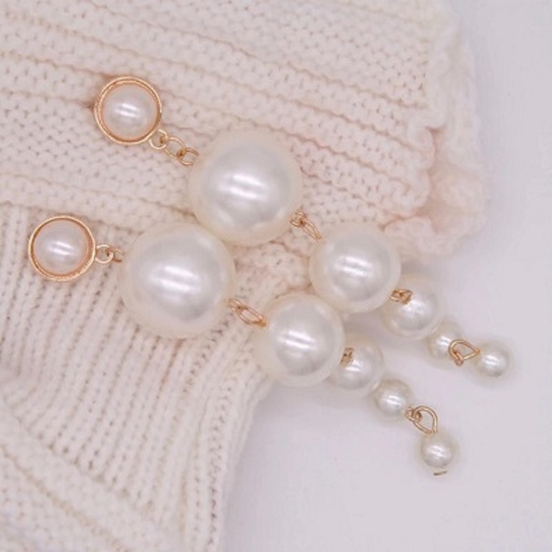 Trendy Elegant Created Big Simulated Pearl Long Earrings 