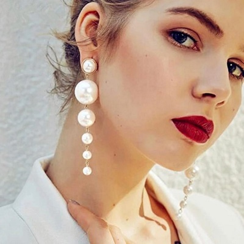 Trendy Elegant Created Big Simulated Pearl Long Earrings 