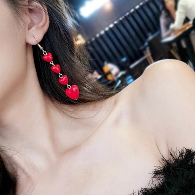 Love Style Heart Pendant Long Tassel Earrings Red Heart Drop Earrings