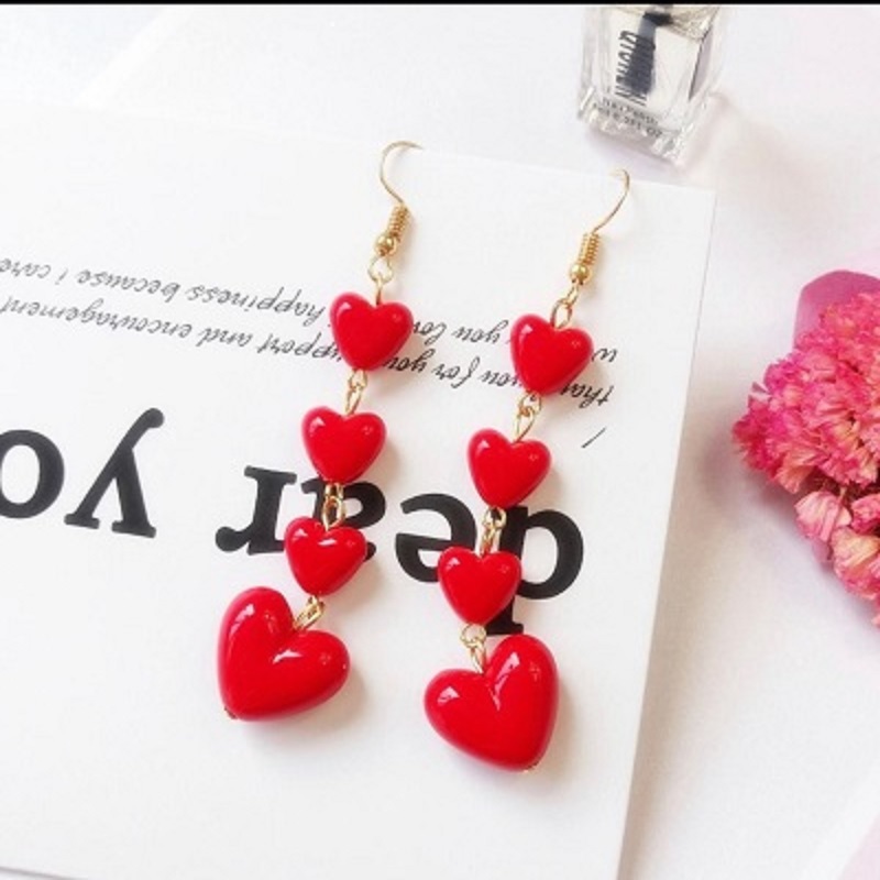 Love Style Heart Pendant Long Tassel Earrings Red Heart Drop Earrings