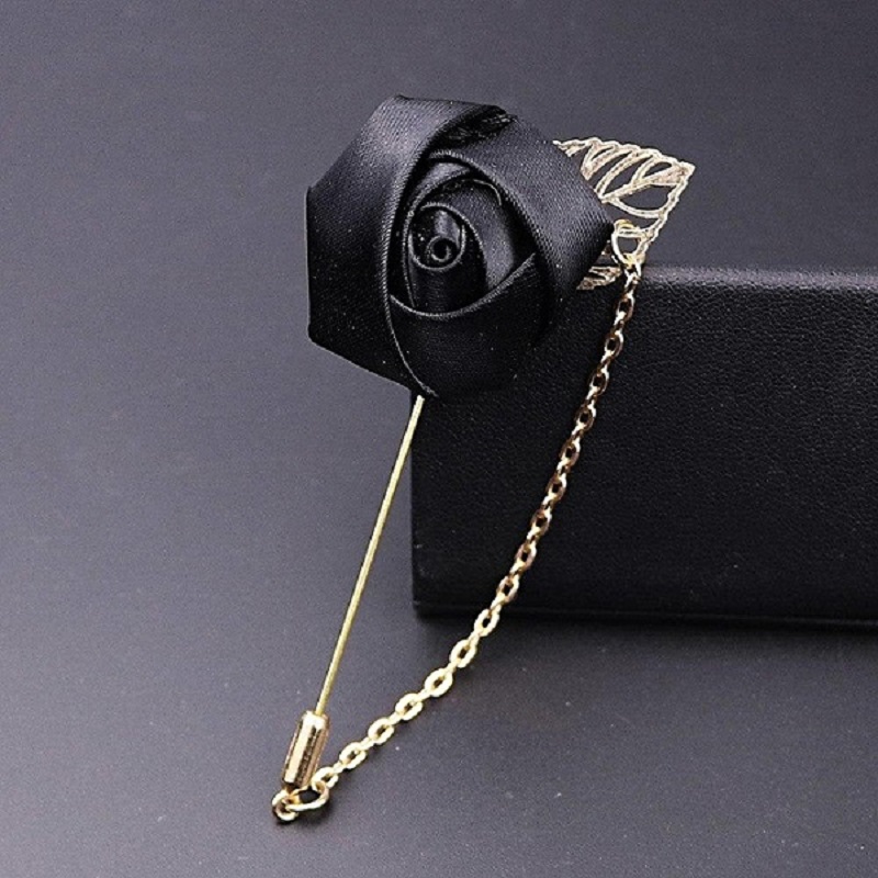 1 pc Fashion Male Suits Gold Leaves Black Roses Brooche Long Needle With Chain 
