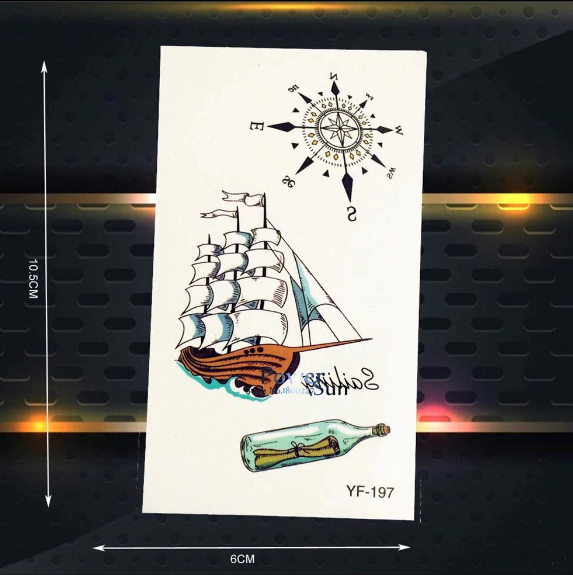 Crusing Sailboat Compass Wishing Bottle Pattern Designs Frame Artwork Temporary Tattoos Water Proof Tattoo Body Tattoo