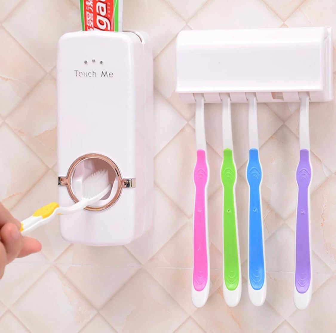 Automatic Toothpaste Dispenser + Five Toothbrush Holder Wall Mount Stand Bathtub Gear