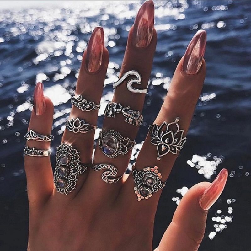 11 Pcs Bohemian Beach Retro Elephant Hollow Lotus Wave Crystal Ring Set 