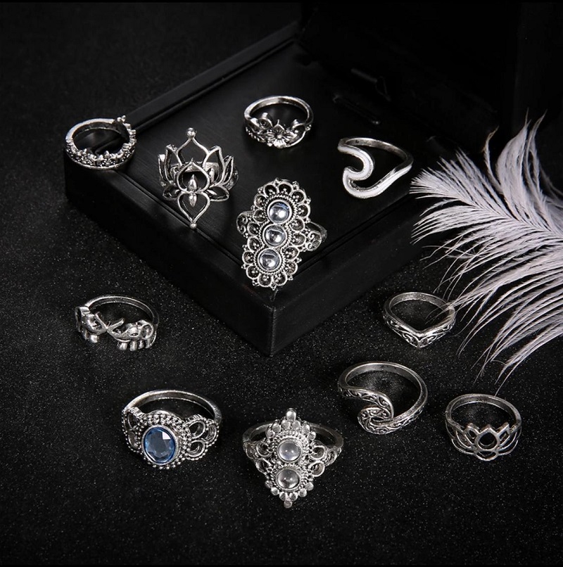 11 Pcs Bohemian Beach Retro Elephant Hollow Lotus Wave Crystal Ring Set 