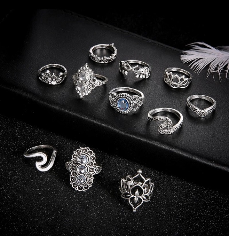 11 Pcs Bohemian Beach Retro Elephant Hollow Lotus Wave Crystal Ring Set 