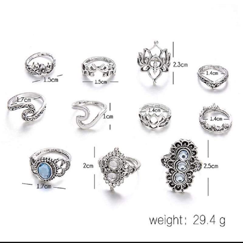 11 Pcs Bohemian Beach Retro Elephant Hollow Lotus Wave Crystal Ring Set 