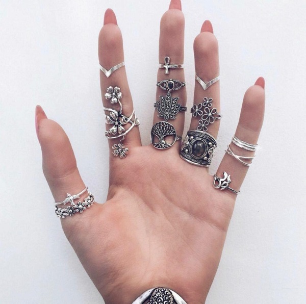 Bohemian Style Silver Color Flower Bird Tree Design Ring 