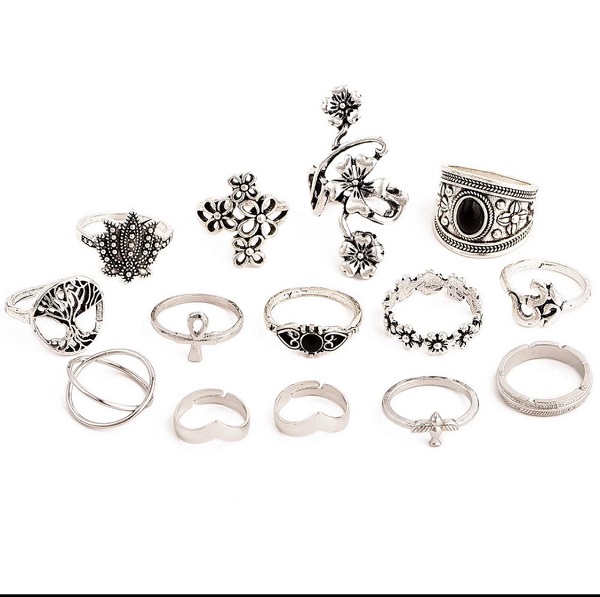 Bohemian Style Silver Color Flower Bird Tree Design Ring 