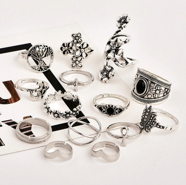 Bohemian Style Silver Color Flower Bird Tree Design Ring 