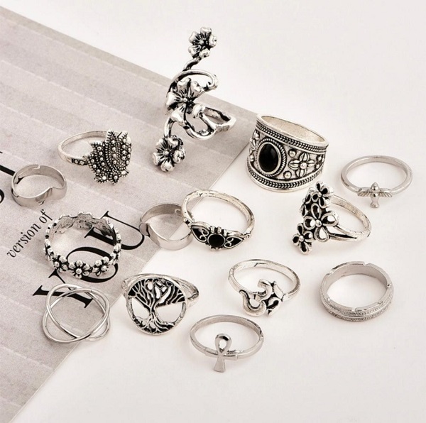 Bohemian Style Silver Color Flower Bird Tree Design Ring 