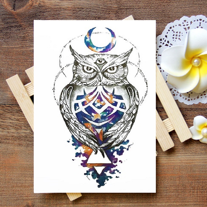 Color Bird Moon Owl Temporary Tattoo Sticker