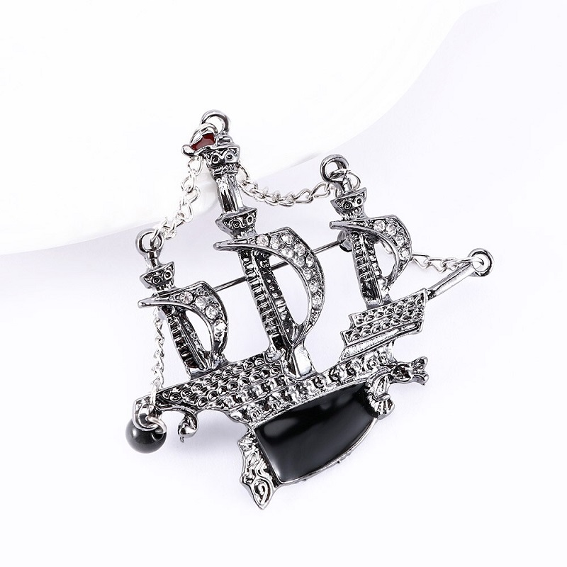 Vintage Pirate Sail Ship Alloy Brooch Pin Silver Colour