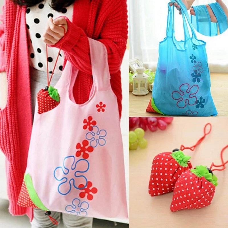 Pack of 3 Portable Strawberry Folding Bag Reuse-able Eco Friendly Shopping Pouch Nylon