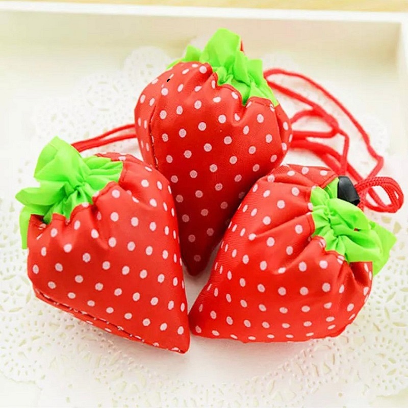 Pack Of Three Portable Strawberry Folding Bag Reuse-able Eco Friendly Shopping Pouch Nylon