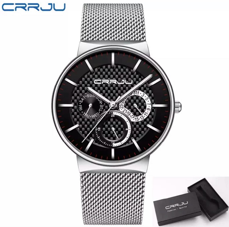 Fashion Business Calendar Watch for Men CRRJU Brand Casual Wristwatch with Stainless Steel