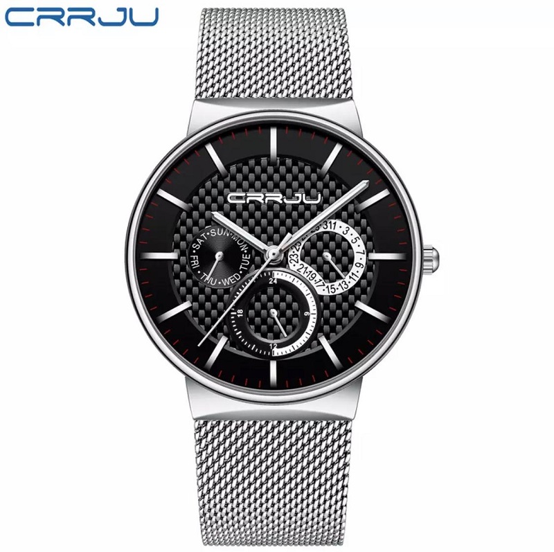 Fashion Business Calendar Watch for Men CRRJU Brand Casual Wristwatch with Stainless Steel