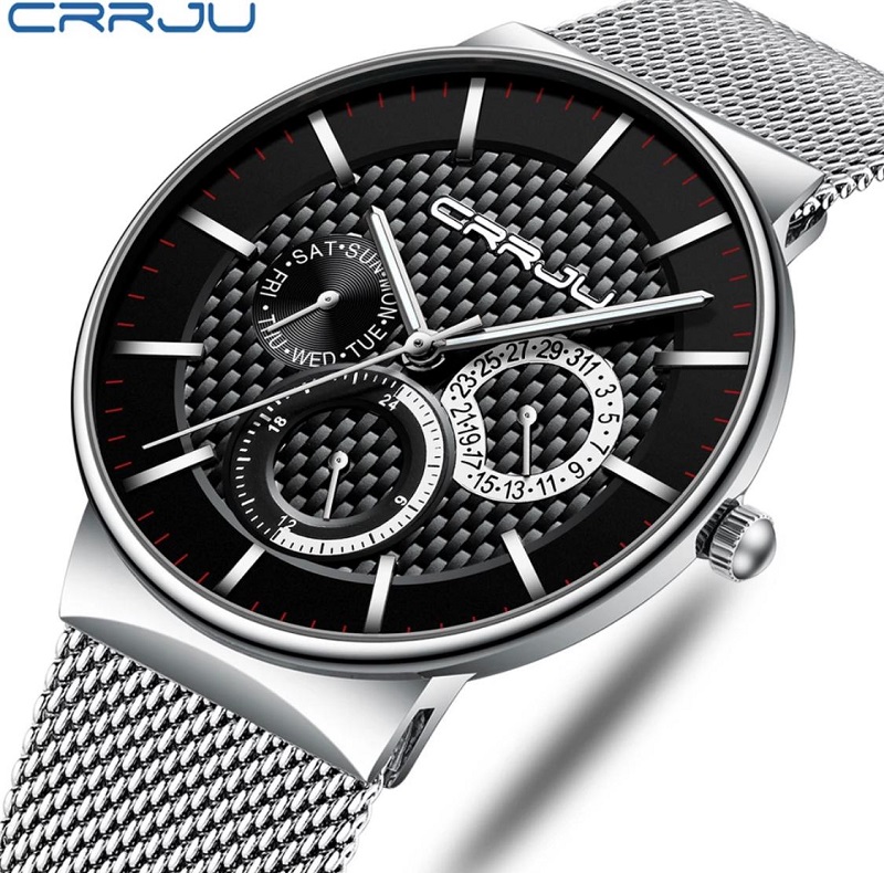 Fashion Business Calendar Watch for Men CRRJU Brand Casual Wristwatch with Stainless Steel