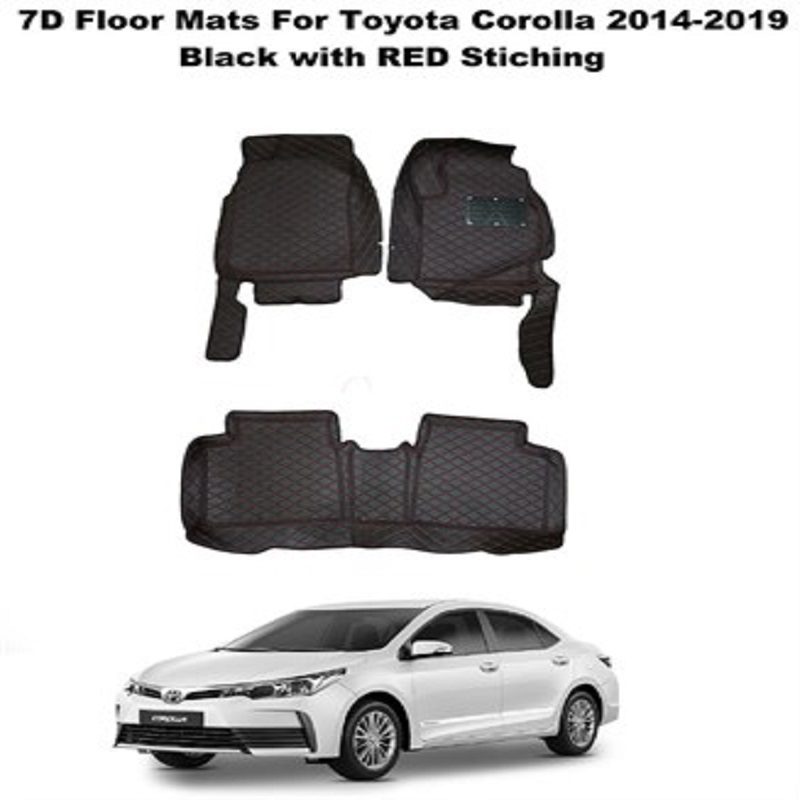 7D Luxury Floor Mats Black and Red Stitching For T.o.y.o.t.a C.o.r.o.l.l.a 2014-2019
