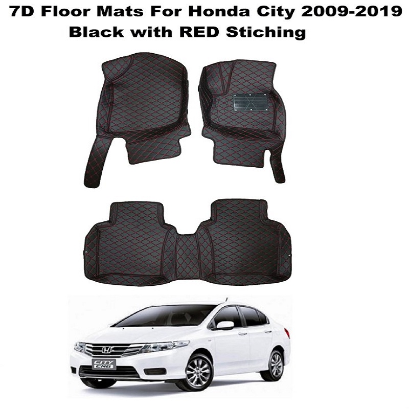 7D Luxury Floor Mats for H.o.n.d.a C.i.t.y 2009-2019 Black with Red Stitching