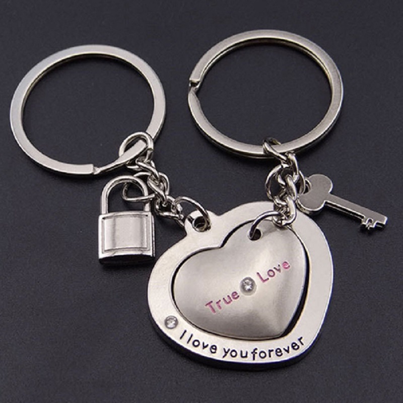 1 Pair New Love Heart Lock Key Chain Ring Key Ring