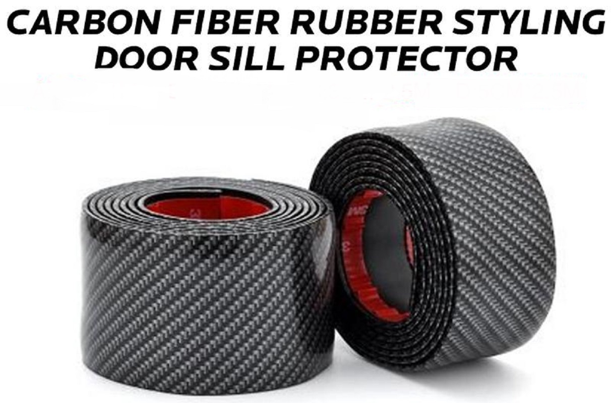 2 PCS Carbon Fiber Rubber Styling Door Sill Protector 7cm X 1 Meter