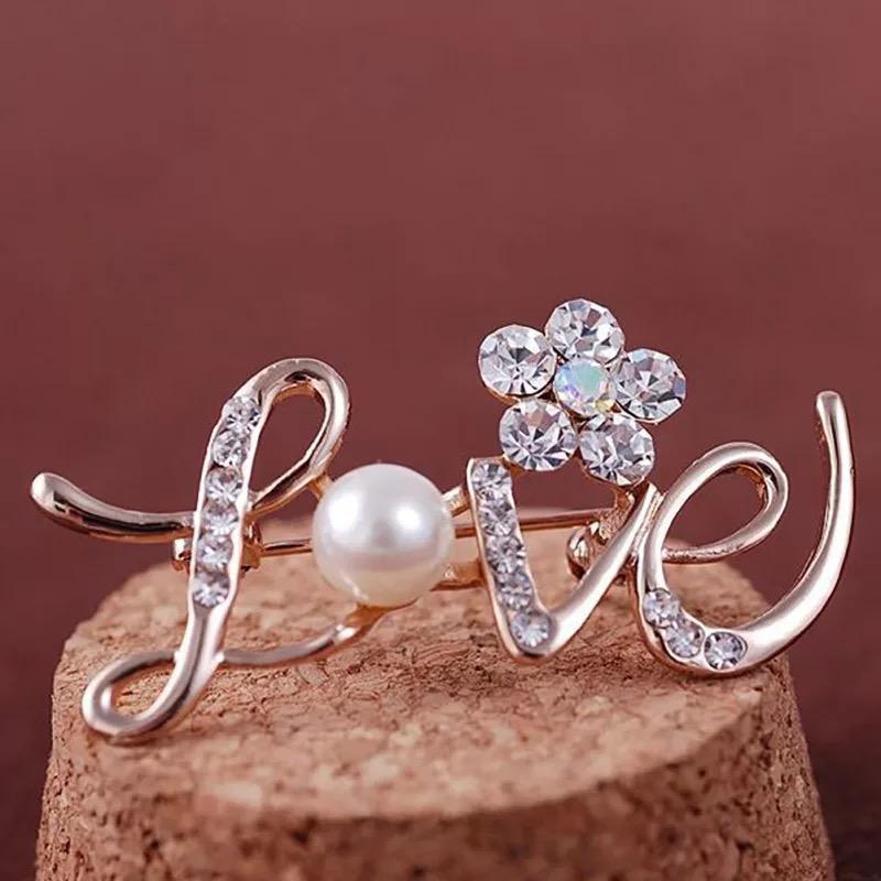LOVE English Letters Design Pins Elegant Crystal Flower Brooch