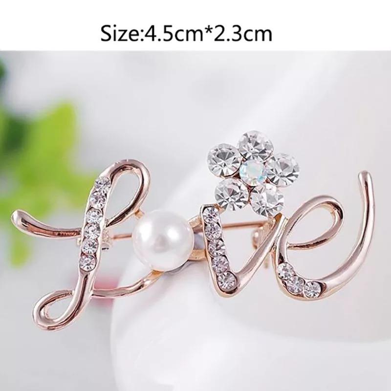 LOVE English Letters Design Pins Elegant Crystal Flower Brooch