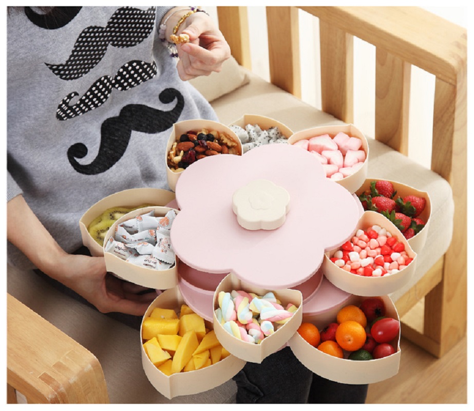 Pattern Rotation 2-layer Petal Candy Box Nut Case Snack Storage Box