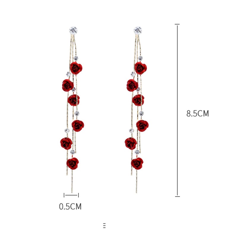 Rose Flower Tassel Earrings for Women Red