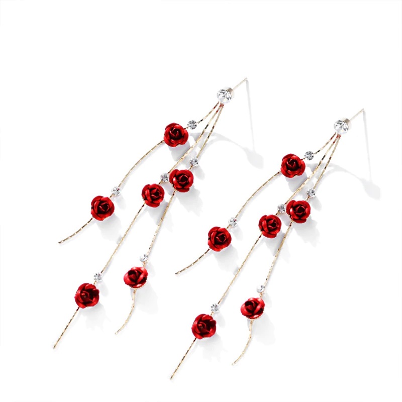 Rose Flower Tassel Earrings for Women Red