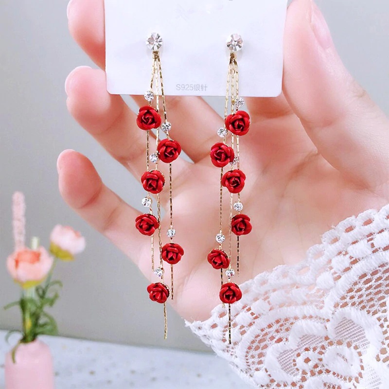 Rose Flower Tassel Earrings for Women Red