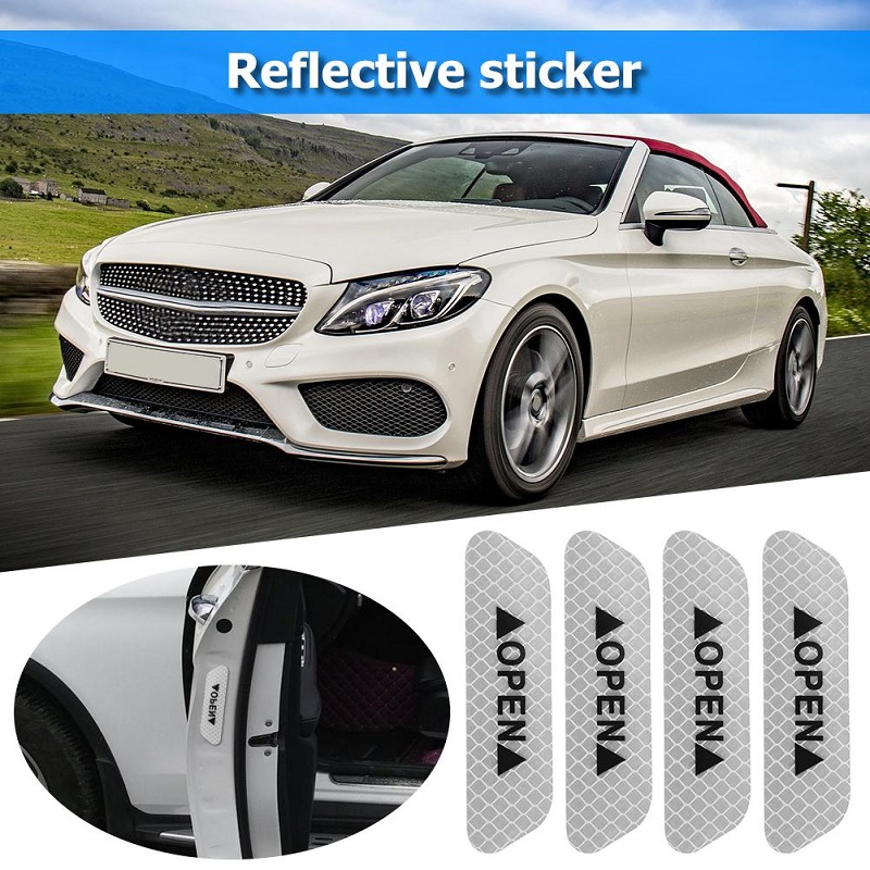 4PCS Super Car Door Open Sticker Reflective Tape Safety Warning White